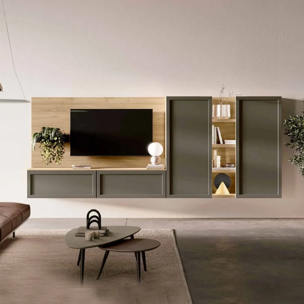 Parete attrezzata sospesa moderna con ante a telaio disponibile in vari colori