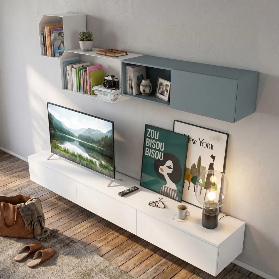 Parete Attrezzata Sospesa Moderna - Colori Personalizzabili e Pensili in Lamiera