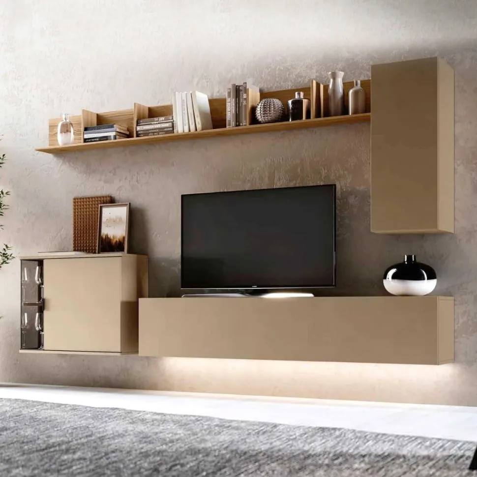 Parete attrezzata sospesa Noce Biondo e Oro moderna e componibile Brik disponibile in vari colori