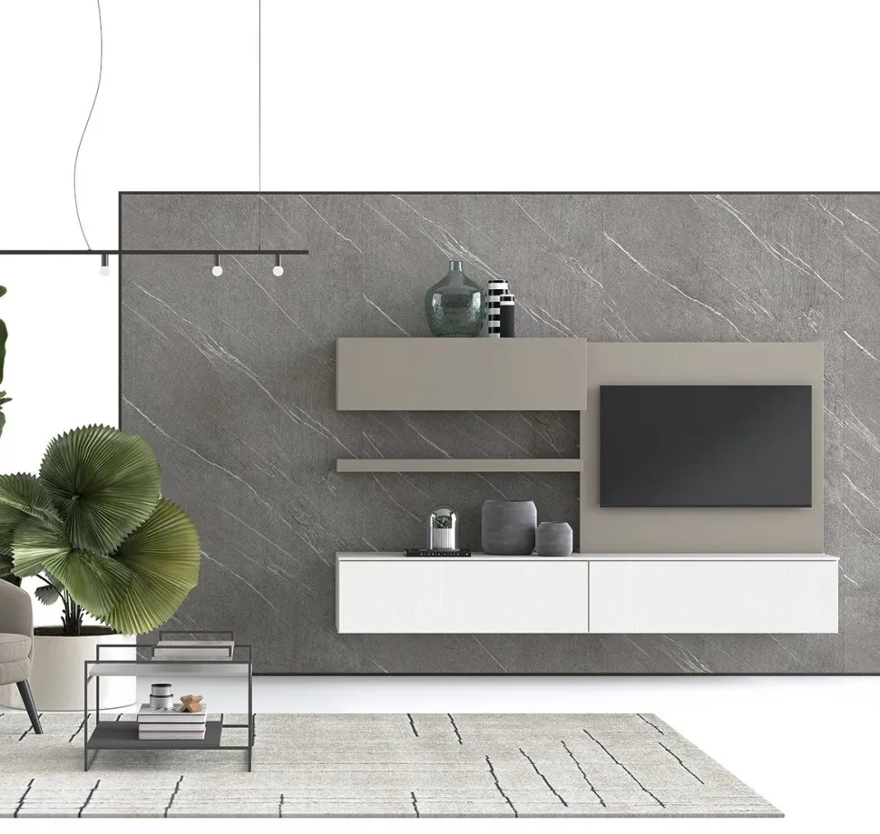 Parete attrezzata sospesa Slide con pannello porta TV disponibile in vari colori