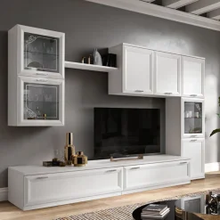 Parete attrezzata Timeo linea Prevaling finitura Bianco Frassino con serigrafia Argento e maniglie con strass