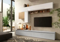 Parete attrezzata Trevis linea Arte in finitura Rovere Cadiz ,Gesso e Bianco lucido