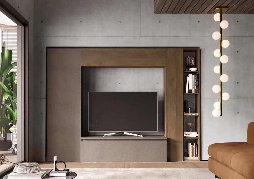 Parete attrezzata Urano linea Arte in finitura Rovere Mercure,Lava e Bronzo