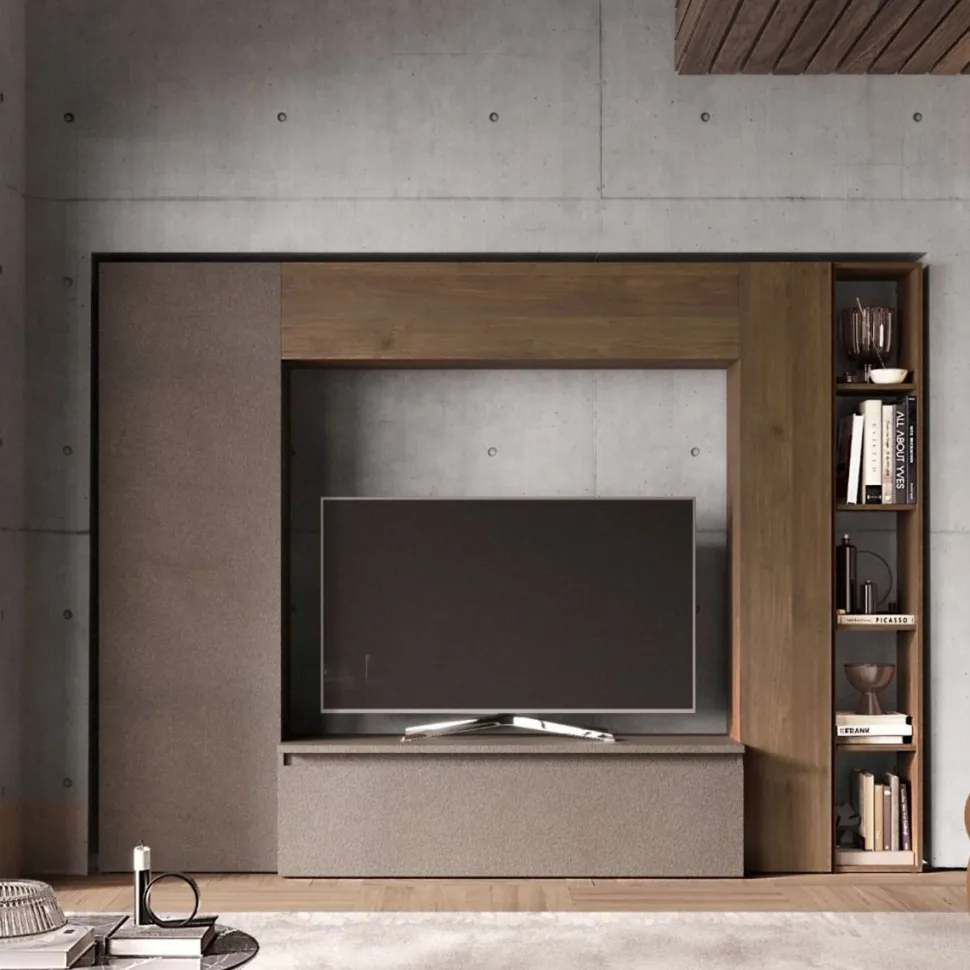 Parete attrezzata Urano linea Arte in finitura Rovere Mercure,Lava e Bronzo