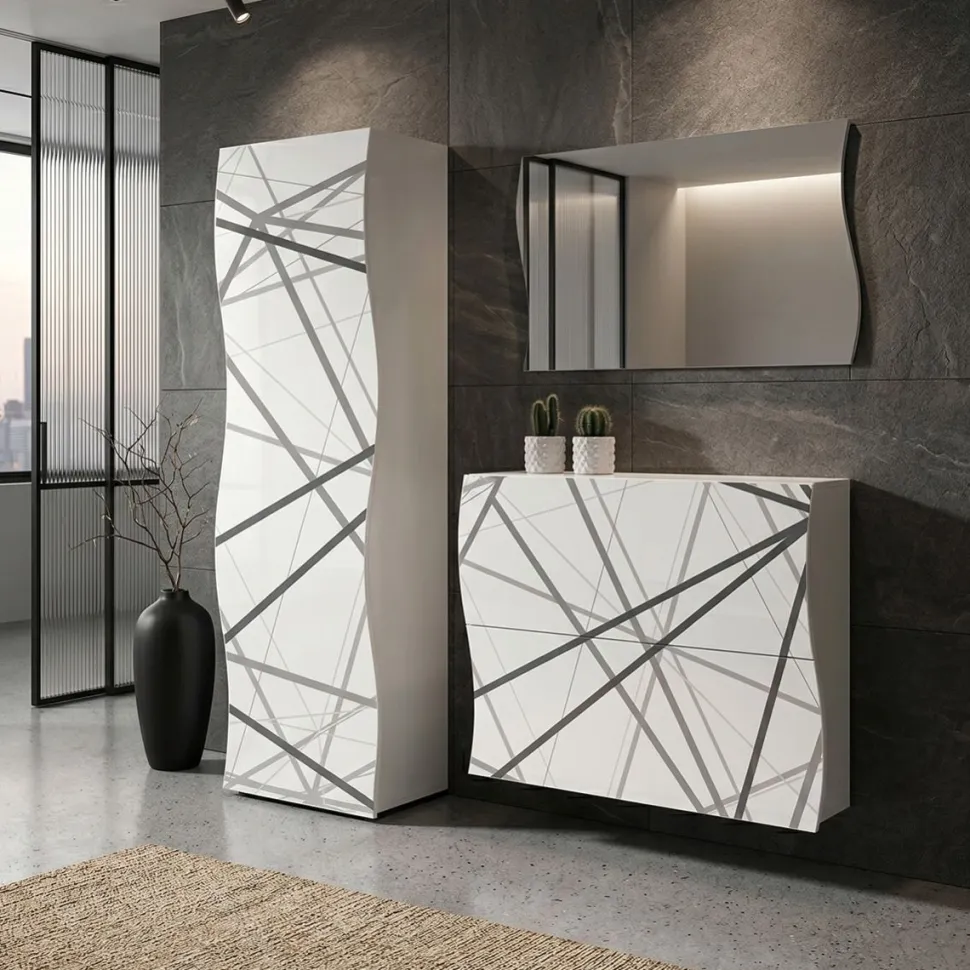 Parete da Ingresso Mia 2 in Bianco Lucido - Ante con Grafica Personalizzabile