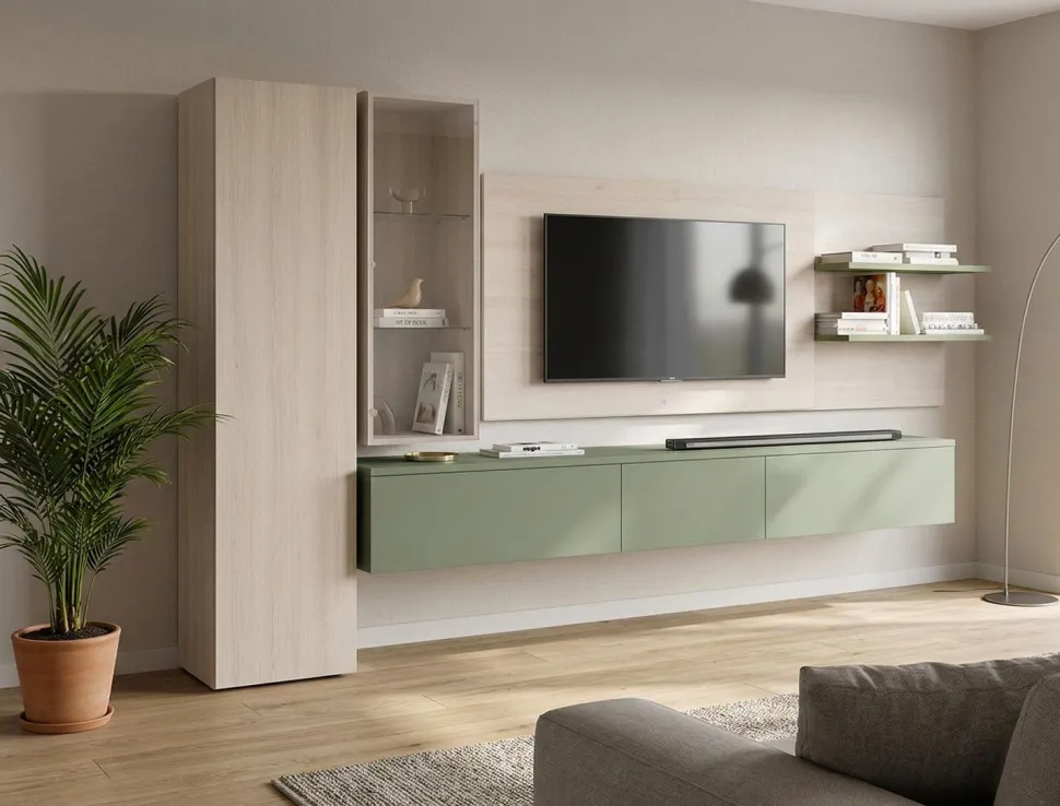 Parete Tv Minimal sospesa con pannello porta tv e pensile in vetro disponibile in 20 colori