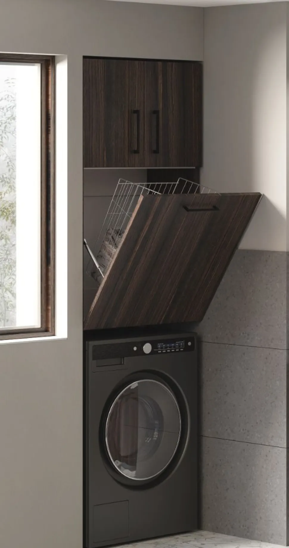 Pensile Bagno sospeso 2 ante battenti e anta ribalta con cesto portabiancheria disponibile in vari colori