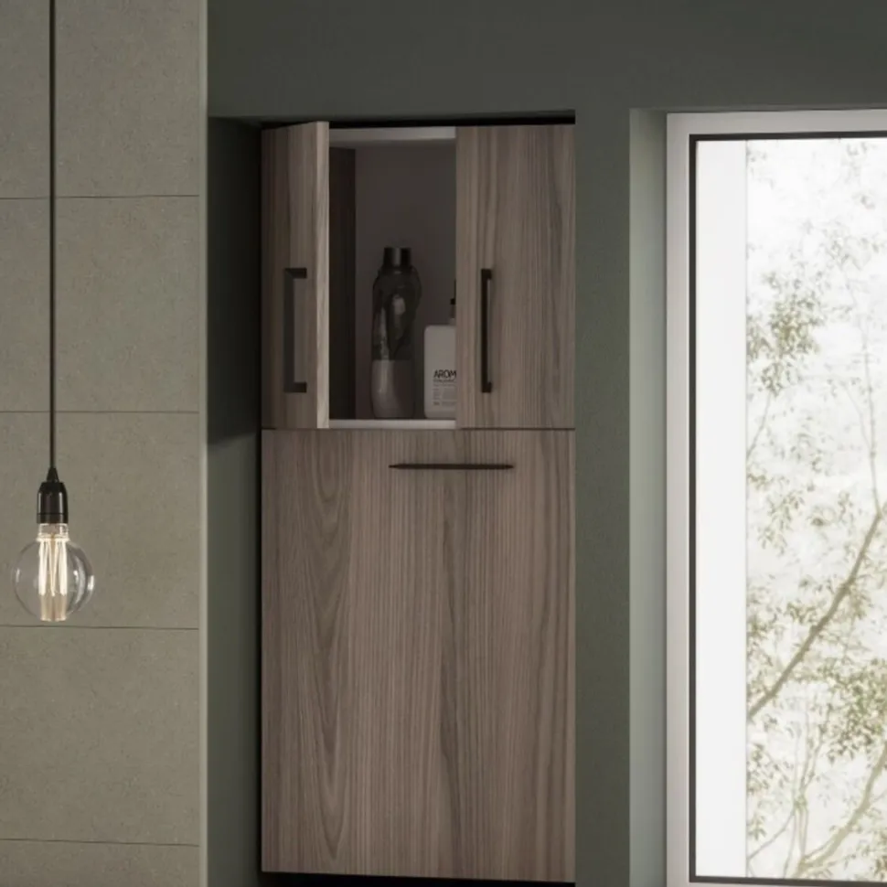 Pensile Bagno sospeso 2 ante battenti e anta ribalta con cesto portabiancheria disponibile in vari colori