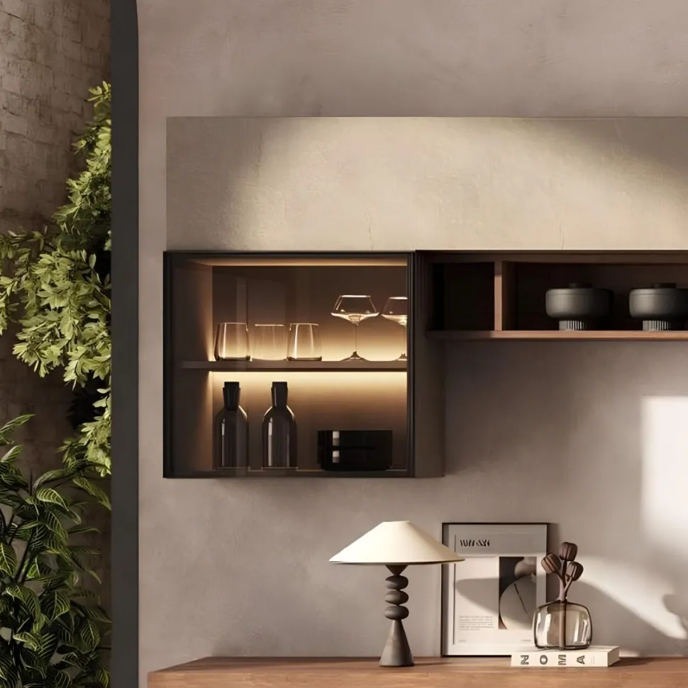 Pensile cubo con anta in vetro bronzato e telaio in alluminio per soggiorno moderno