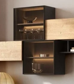 Pensile cubo con anta in vetro bronzato e telaio in alluminio per soggiorno moderno