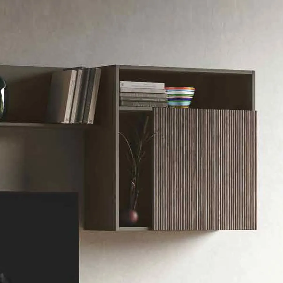 Pensile cubo sospeso Grigio cenere cannettato con vano a giorno e anta battente disponibile in vari colori