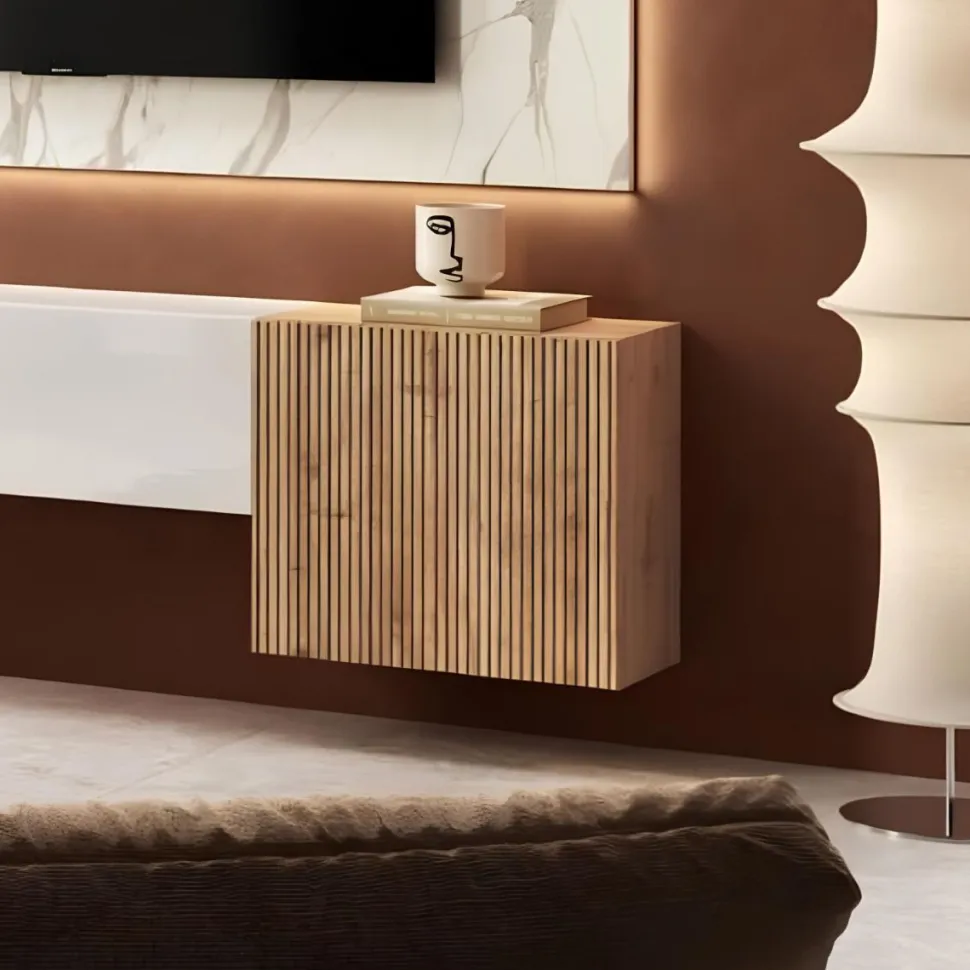 Pensile cubo sospeso moderno con frontale cannettato in Rovere scuro o chiaro