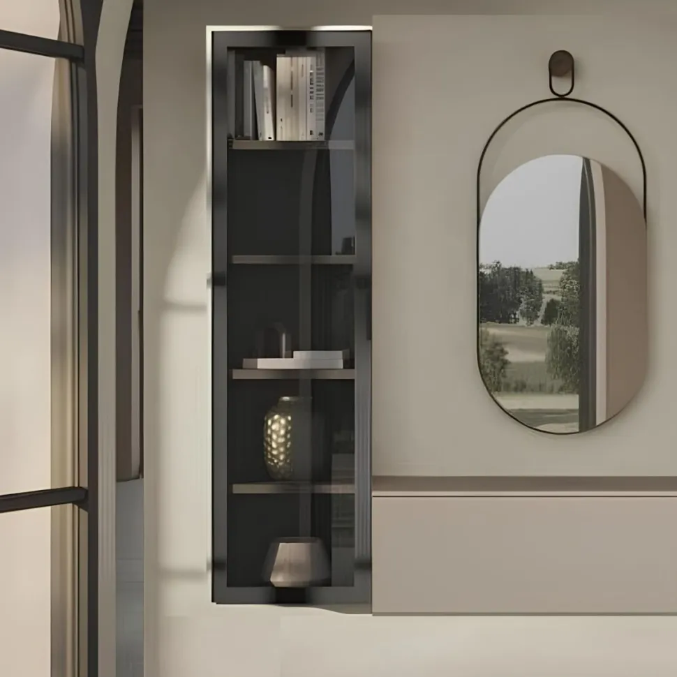 Pensile libreria sospesa moderna con anta in vetro e Telaio in alluminio disponibile in varie misure