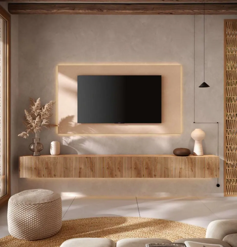 Pensile orizzontale sospeso moderno con frontale cannettato in Rovere scuro o chiaro