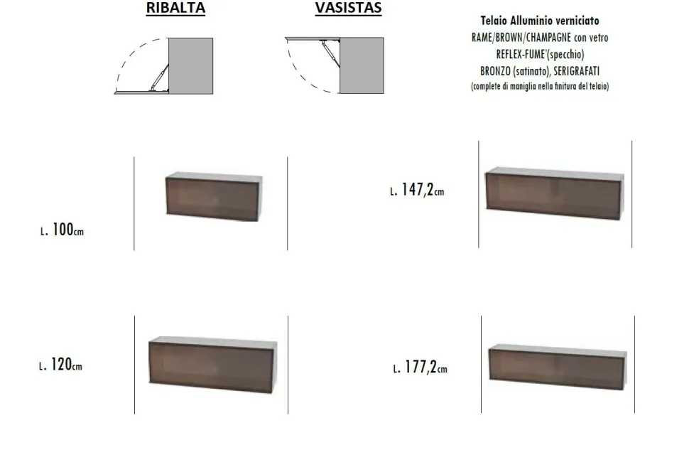 Pensile sospeso con vetro cannettato e telaio in alluminio disponibile in 4 misure e 30 colori
