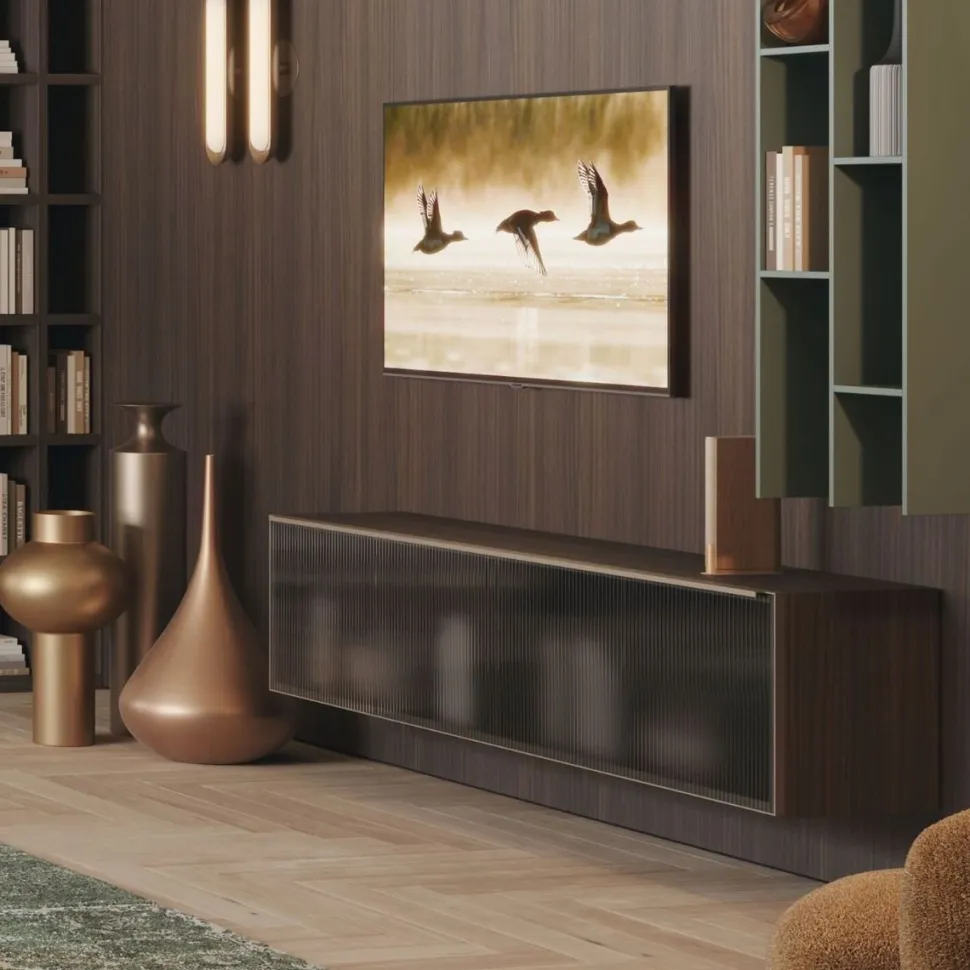 Pensile sospeso con vetro cannettato e telaio in alluminio disponibile in 4 misure e 30 colori