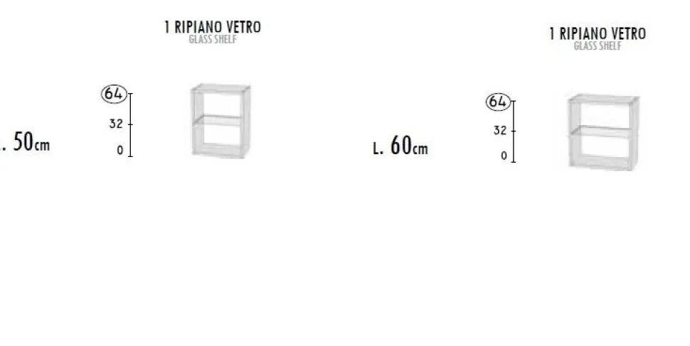 Pensile verticale sospeso senza anta con ripiano in vetro disponibile in 20 colori