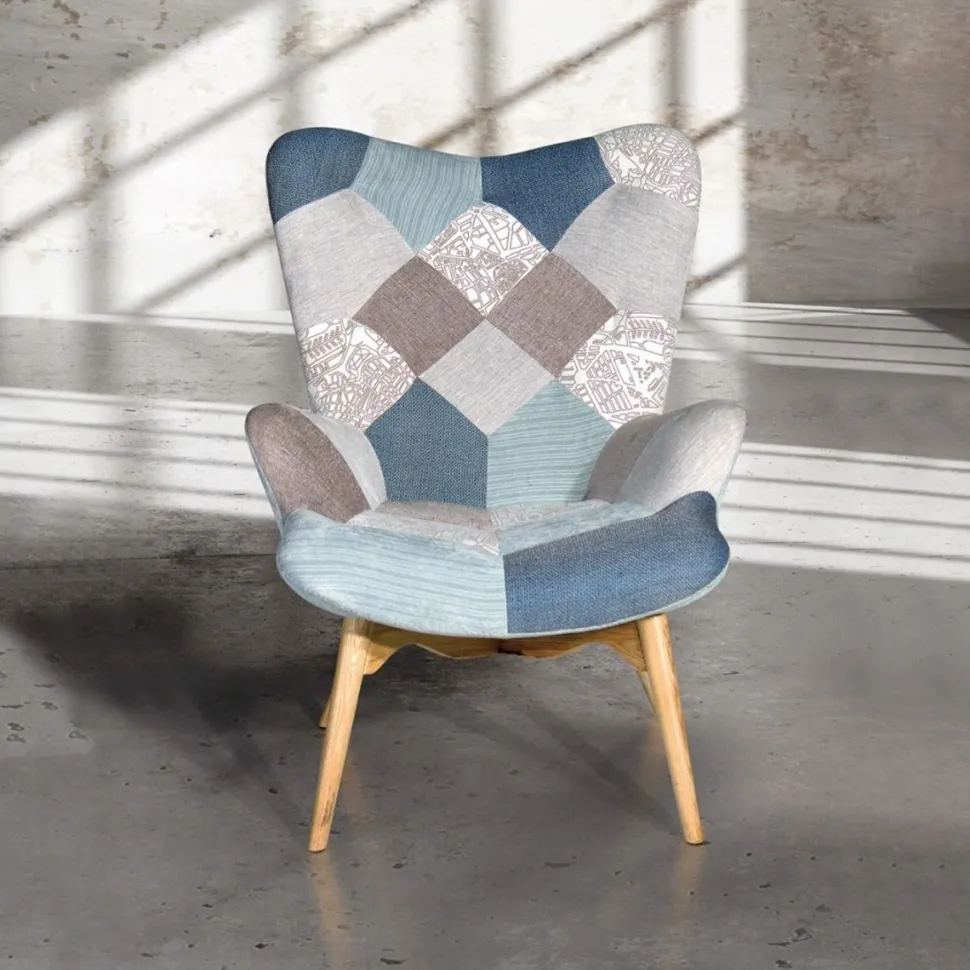 Poltrona imbottita in tessuto Patchwork Dalì Azzurra
