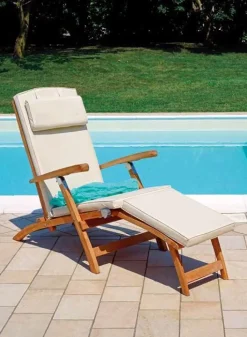 Poltrona Steamer Reclinabile in Teak con Cuscino Ecrù Sfoderabile