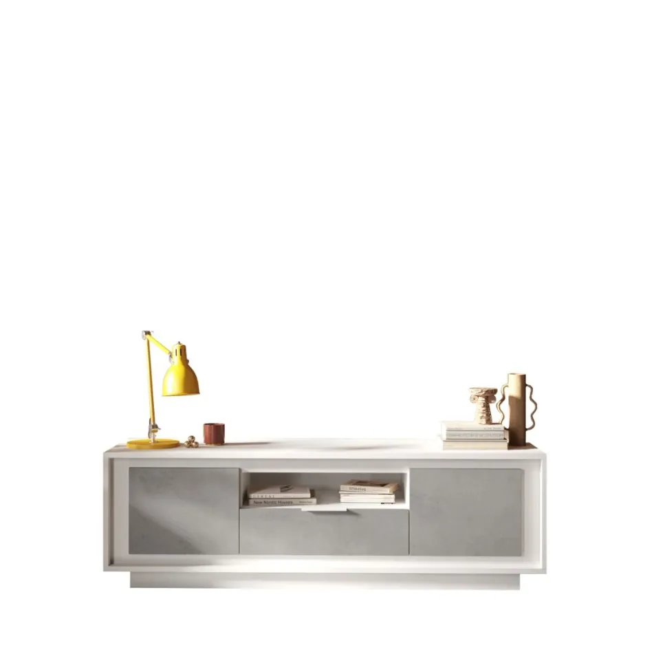 Porta Tv 2 ante battenti e 1 cassetto in bianco laccato opaco e pannelli effetto beton linea Beton