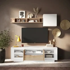 Porta Tv 2 ante battenti e 1 cassetto linea Pear in finitura Bianco opaco e Rovere Cadiz