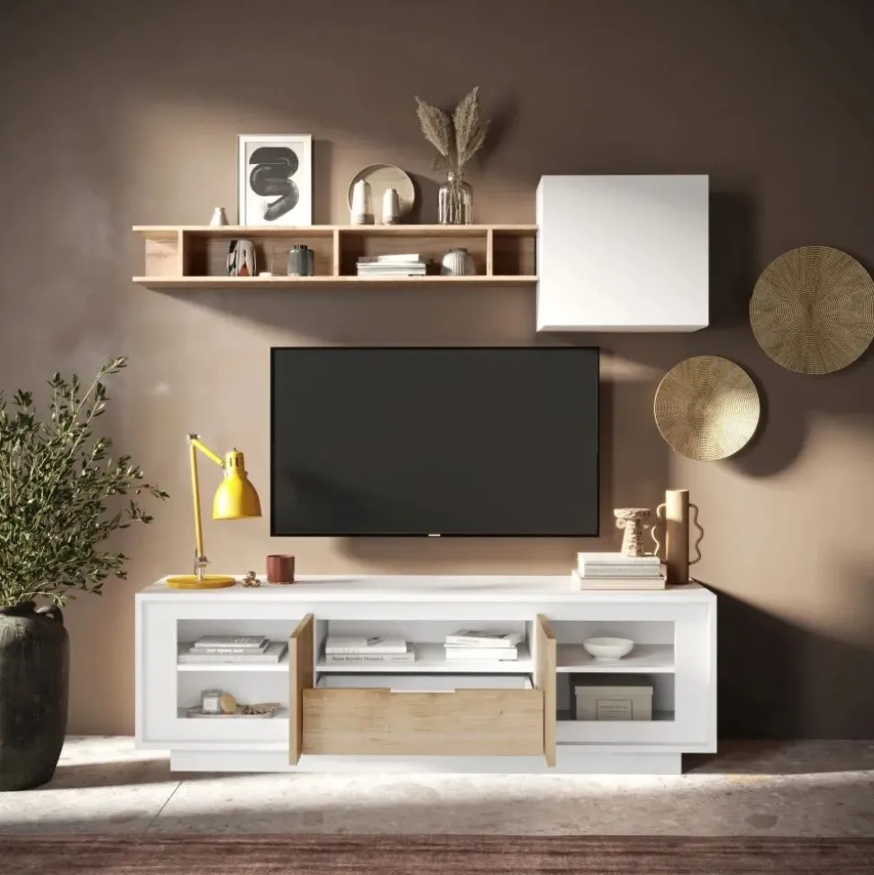 Porta Tv 2 ante battenti e 1 cassetto linea Pear in finitura Bianco opaco e Rovere Cadiz