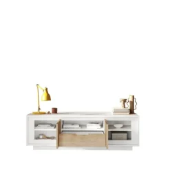 Porta Tv 2 ante battenti e 1 cassetto linea Pear in finitura Bianco opaco e Rovere Cadiz