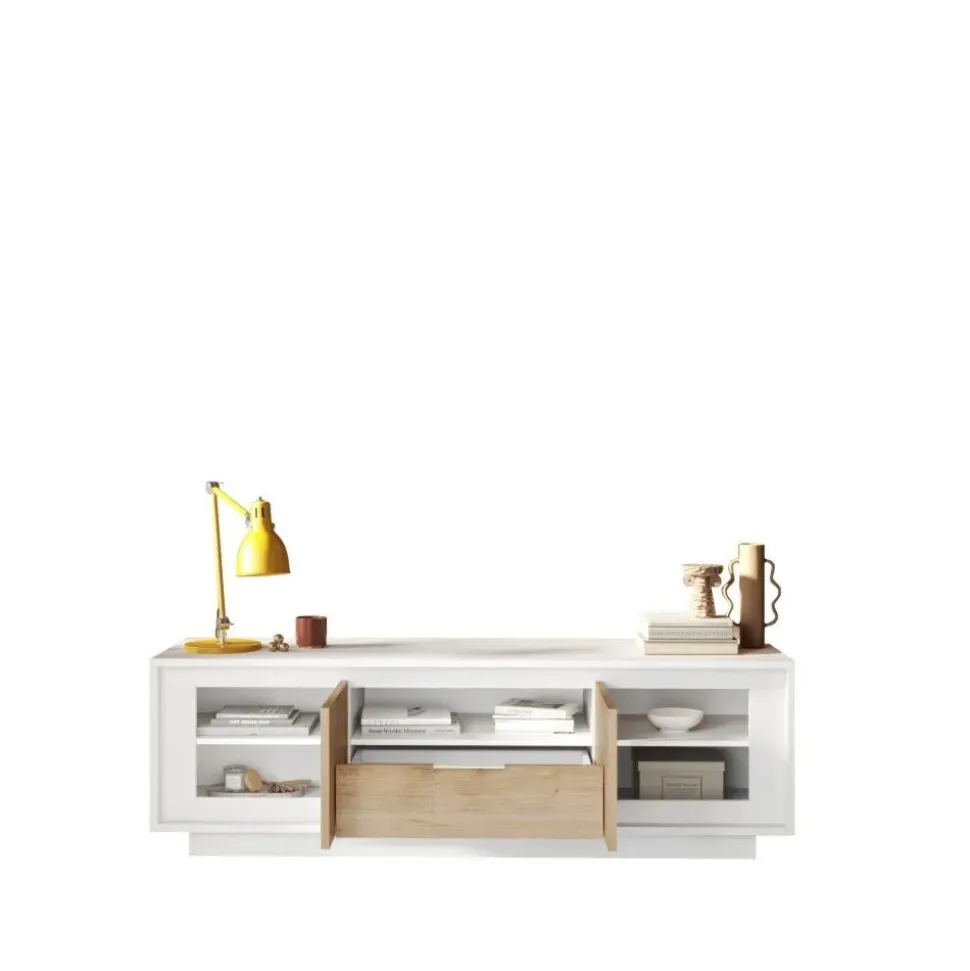 Porta Tv 2 ante battenti e 1 cassetto linea Pear in finitura Bianco opaco e Rovere Cadiz