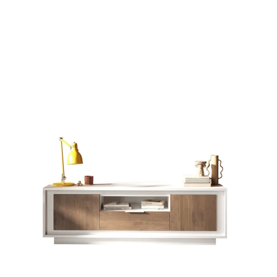 Porta Tv 2 ante battenti e 1 cassetto linea Pear in finitura Bianco opaco e Rovere Mercure