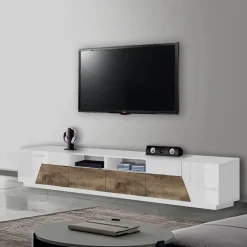Porta tv 4 ante e 2 cassetti linea Galassia in finitura Bianco Lucido e Acero Pereira