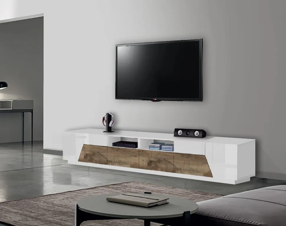 Porta tv 4 ante e 2 cassetti linea Galassia in finitura Bianco Lucido e Acero Pereira