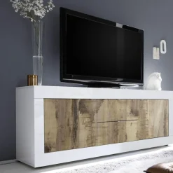 Porta TV 2 ante e 2 cassetti linea Basic colore Bianco laccato lucido e Pero