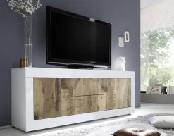 Porta TV 2 ante e 2 cassetti linea Basic colore Bianco laccato lucido e Pero
