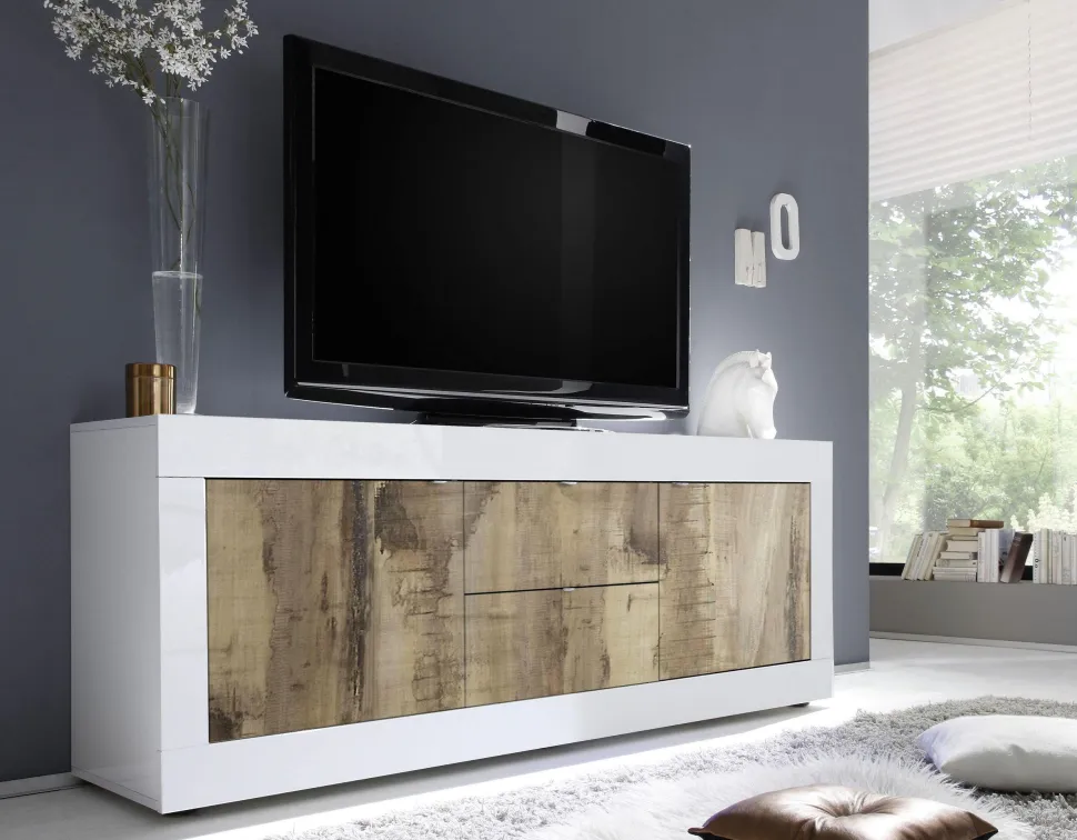 Porta TV 2 ante e 2 cassetti linea Basic colore Bianco laccato lucido e Pero
