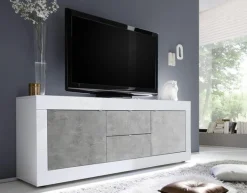 Porta TV 2 ante e 2 cassetti linea Basic colore Bianco laccato lucido e Beton