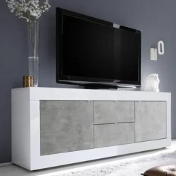 Porta TV 2 ante e 2 cassetti linea Basic colore Bianco laccato lucido e Beton