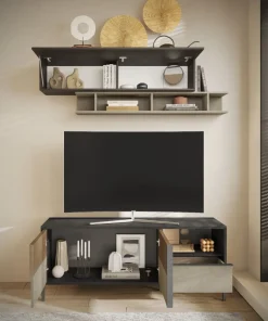 Porta Tv 2 ante e 1 cassetto L 156 con serigrafia linea Sierra finitura Lava, Argilla e Rovere Mercure