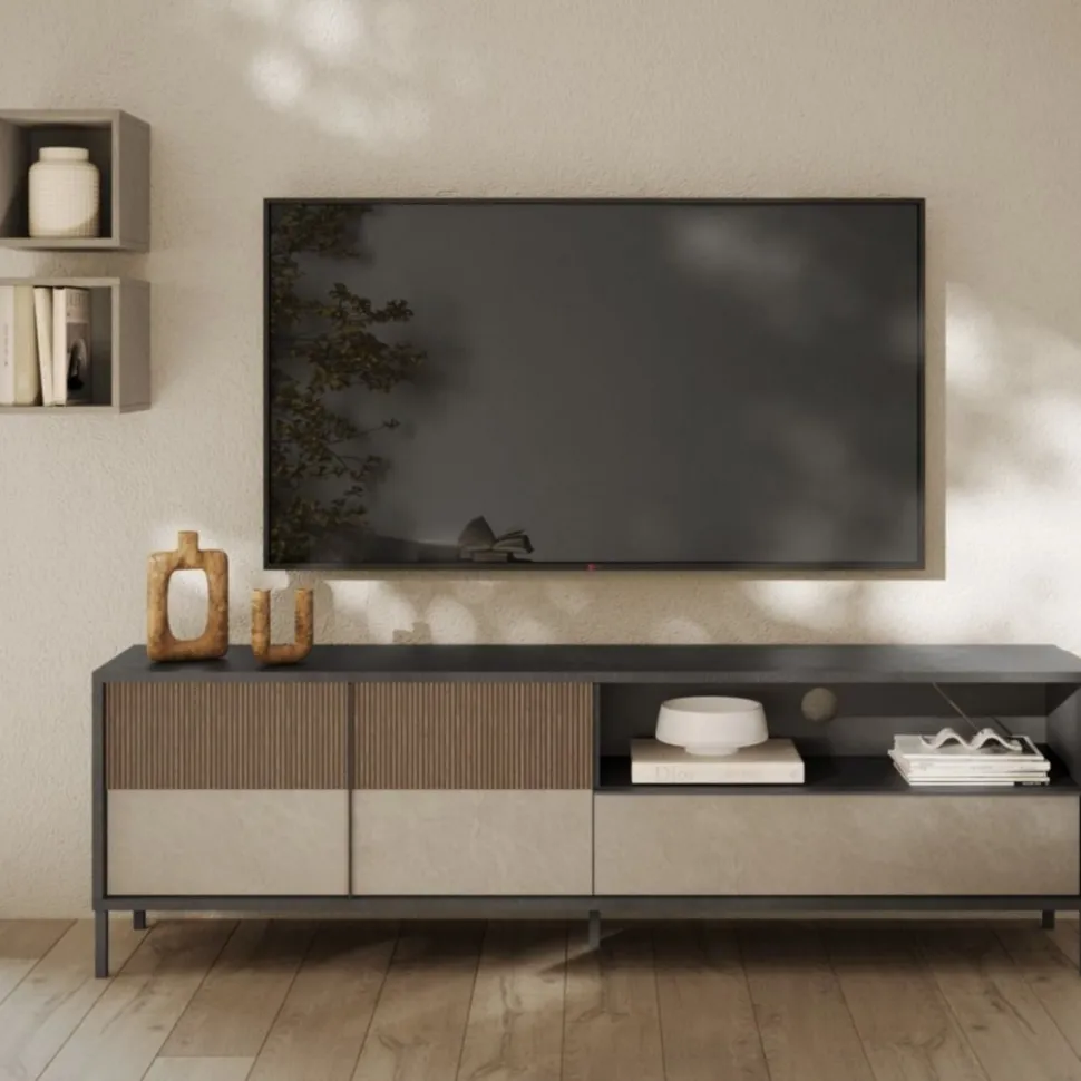 Porta Tv 2 ante e 1 cassetto L 206 con serigrafia linea Sierra finitura Lava, Argilla e Rovere Mercure