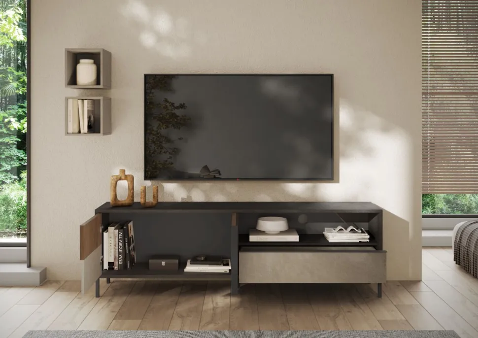Porta Tv 2 ante e 1 cassetto L 206 con serigrafia linea Sierra finitura Lava, Argilla e Rovere Mercure