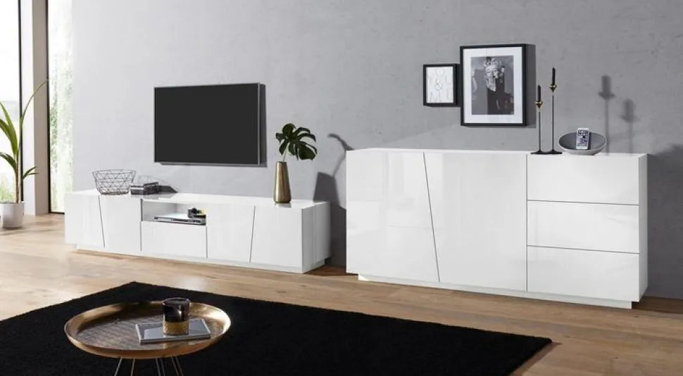 Porta Tv 4 ante e 1 cassetto linea Virgola in Bianco Lucido