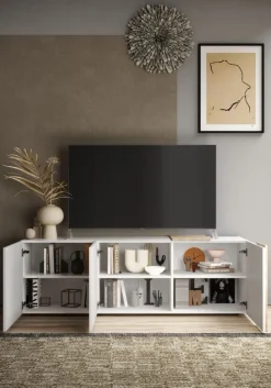 Porta tv 3 ante linea Olimpo finitura Bianco Lucido e Rovere Kadiz con grafica personalizzabile
