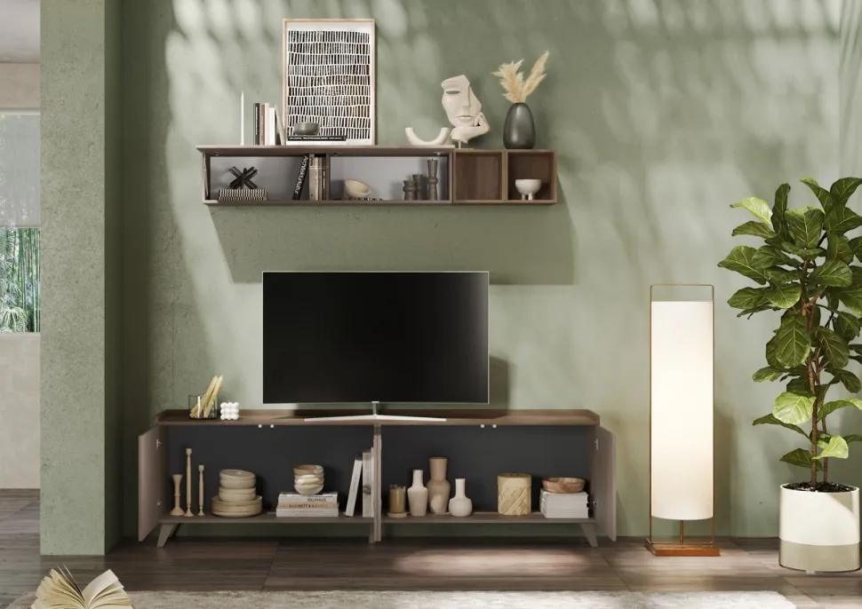 Porta Tv 4 ante linea Oscar in finitura Rovere Mercure e Bronzo
