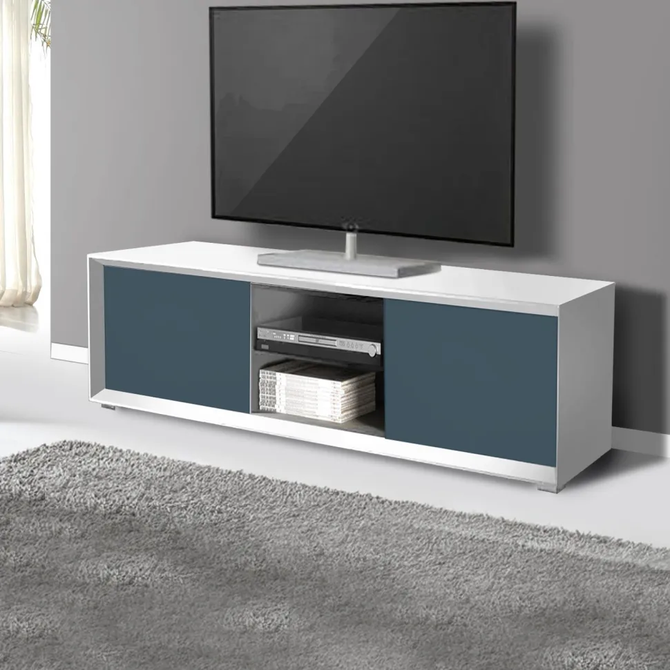 Porta Tv Bianco Opaco e Blu scuro 2 ante e 2 vani a giorno senza maniglia linea Tilt