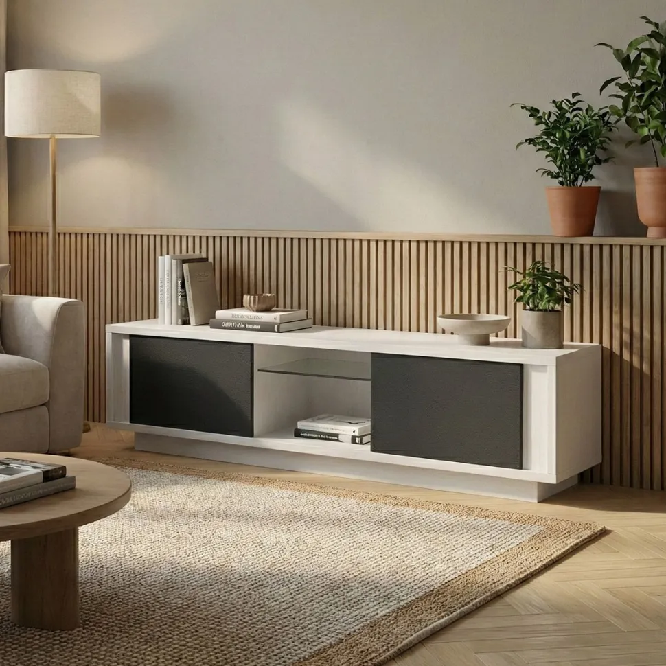 Porta tv bianco opaco laccato e ante stone grey SKYLINE 2 ante