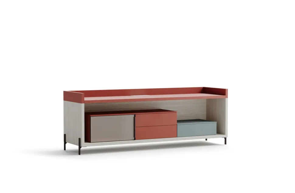 Porta Tv componibile con 1 anta in vetro e 3 cassetti linea Contact disponibile in 30 colori