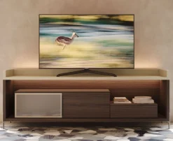 Porta Tv componibile con 1 anta in vetro e 3 cassetti linea Contact disponibile in 30 colori
