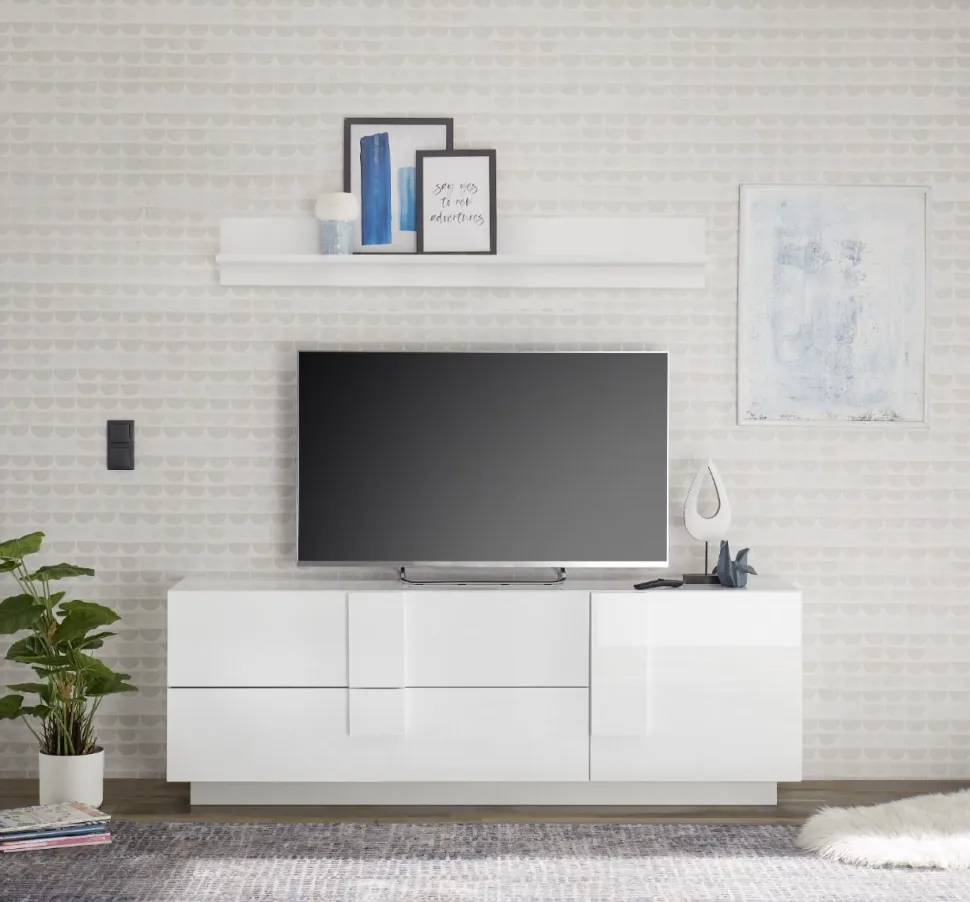 Porta Tv moderno Bianco Lucido 1 anta e 2 cassetti linea Sax
