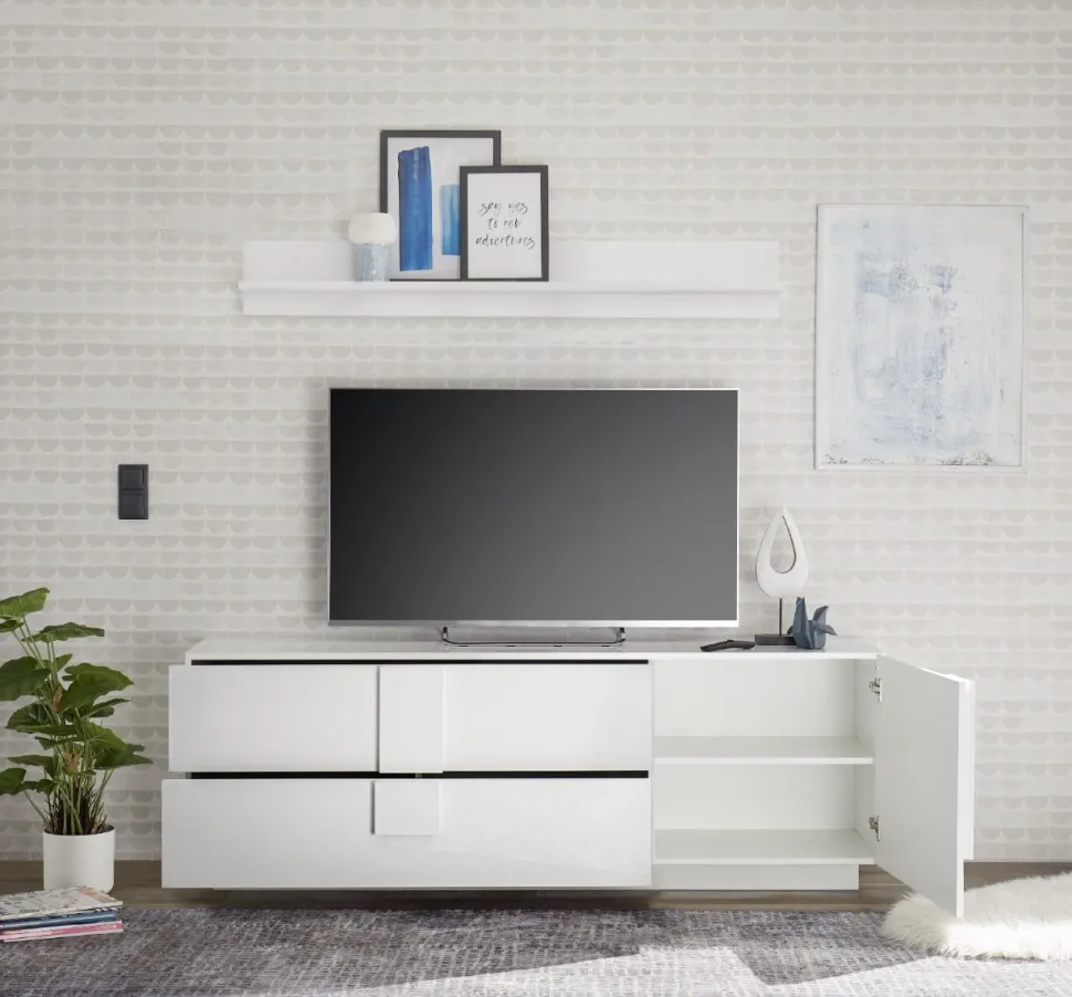 Porta Tv moderno Bianco Lucido 1 anta e 2 cassetti linea Sax