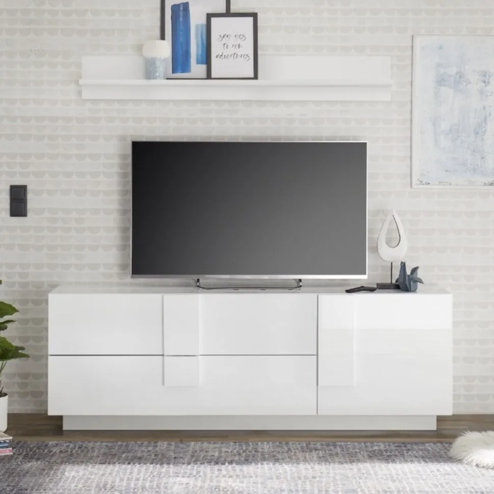 Porta Tv moderno Bianco Lucido 1 anta e 2 cassetti linea Sax