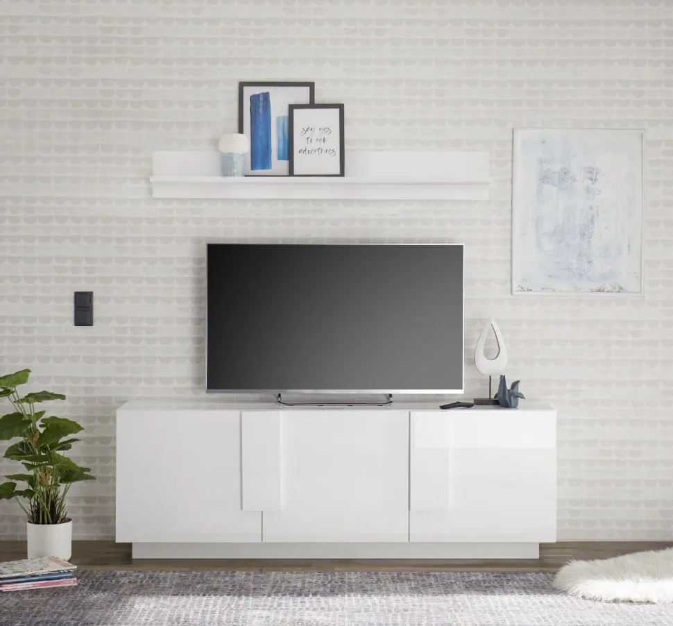 Porta Tv moderno Bianco Lucido 3 ante linea Sax